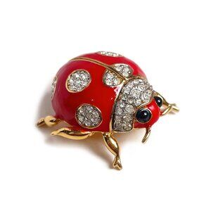 Vintage NINA RICCI Ladybug Gold Tone & Red Enamel Rhinestone Brooch